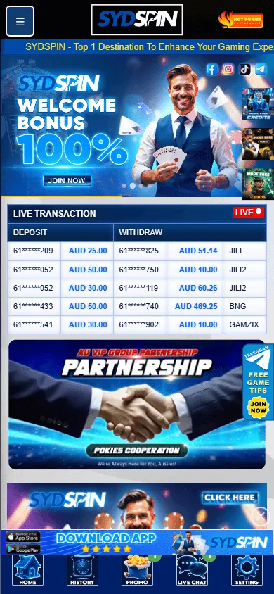 Sydspin Casino game browsing screen on a mobile device