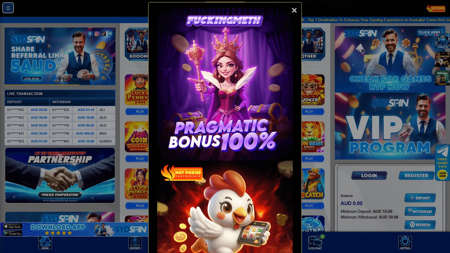 Sydspin Casino game browsing screen on desktop