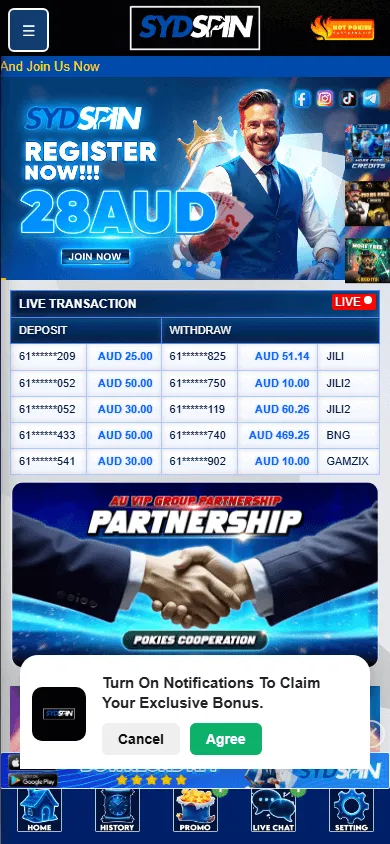 Sydspin Casino home screen on a mobile device