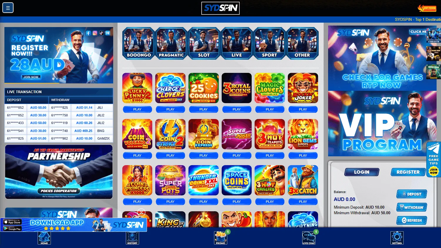 Sydspin Casino home screen on desktop