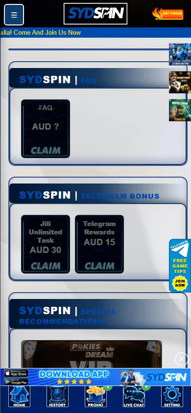 Sydspin Casino promotions screen on a mobile device